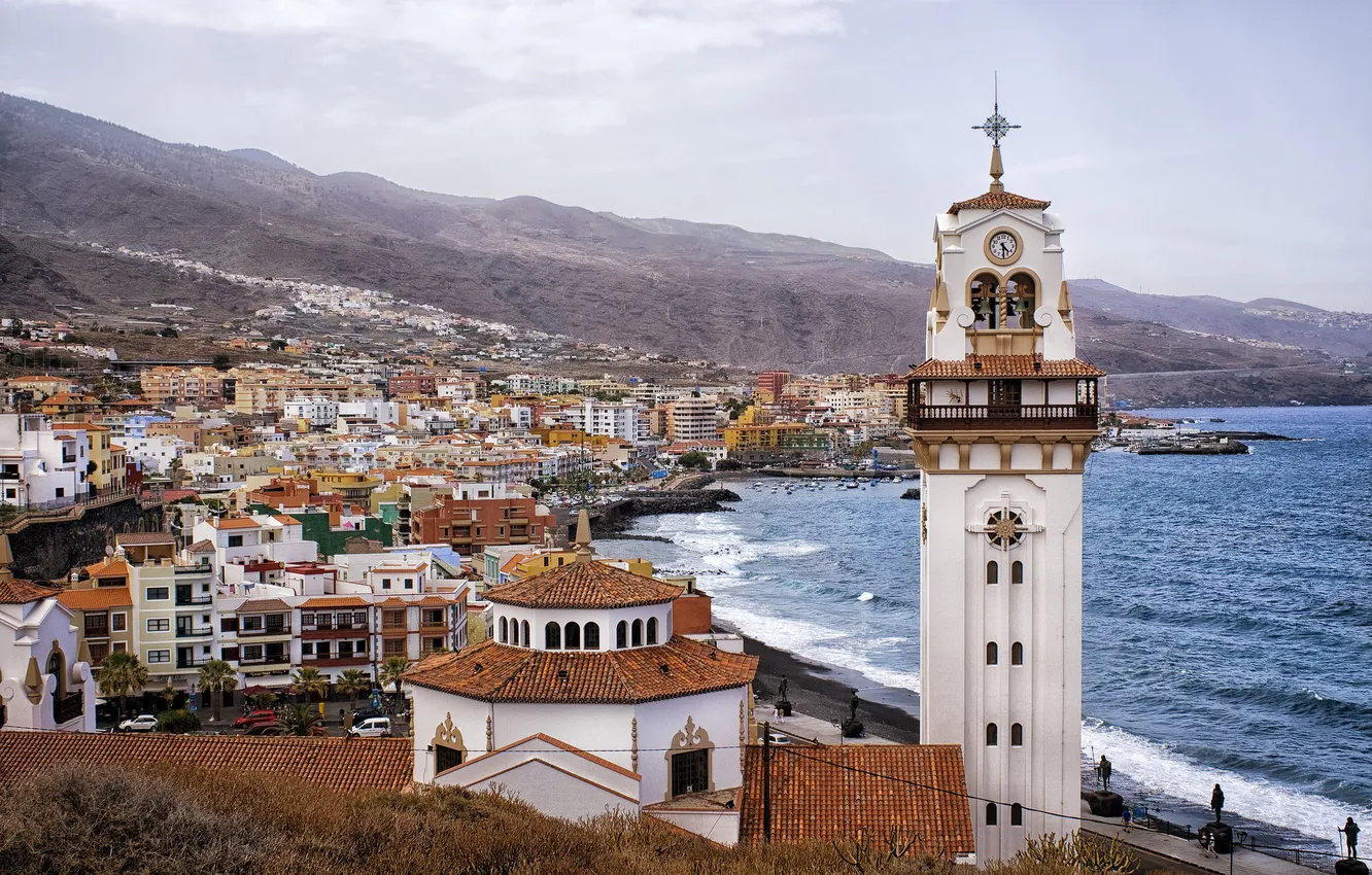 Фото обои горы, побережье, здания, панорама, Испания, Spain, Канарские острова, Canary Islands