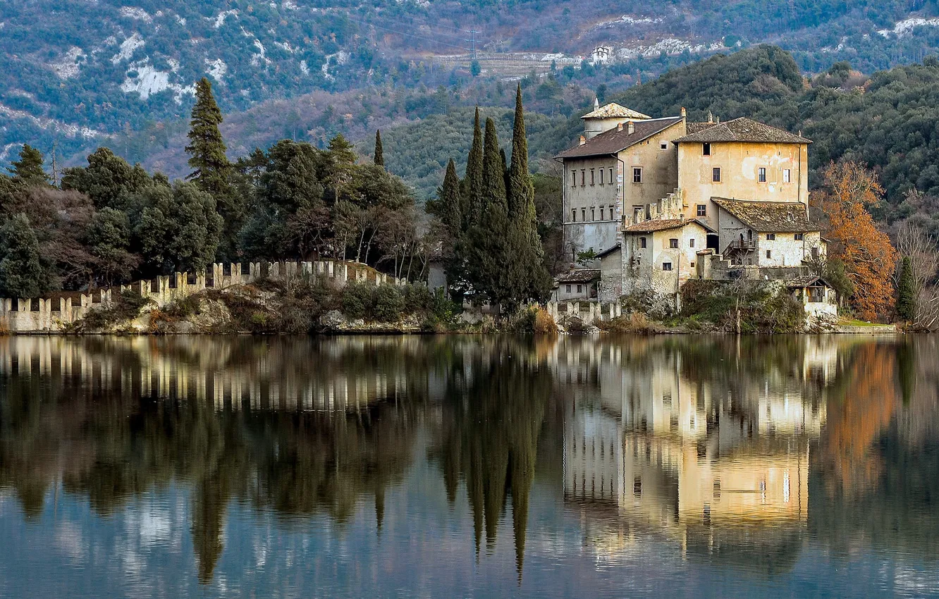 Фото обои Italy, reflection, Castel Toblino, Lake Toblino, Trentino