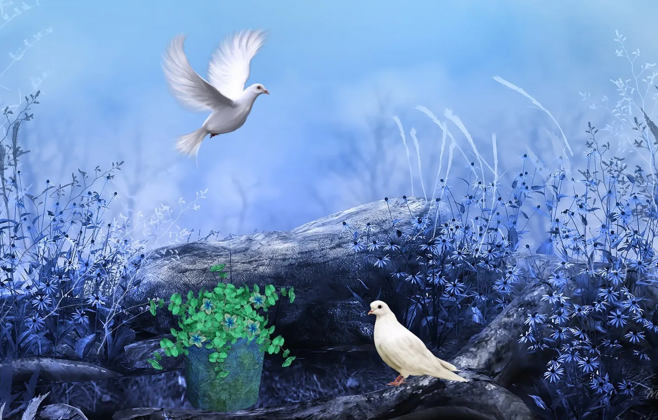 Фото обои цветы, птицы, рисунок, голуби, полевые, полено
