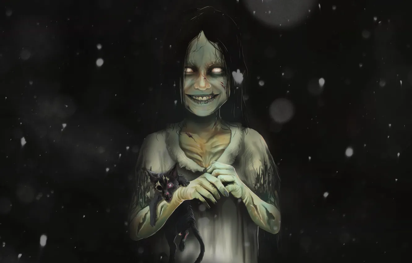 Фото обои Рисунок, Котенок, Улыбка, Смерть, Ghost, Страх, Art, Ужас