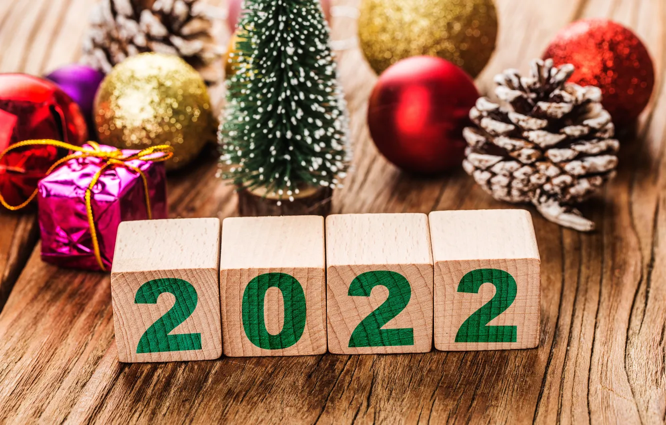 Фото обои шарики, шары, кубики, цифры, Новый год, ёлочка, шишка, 2022