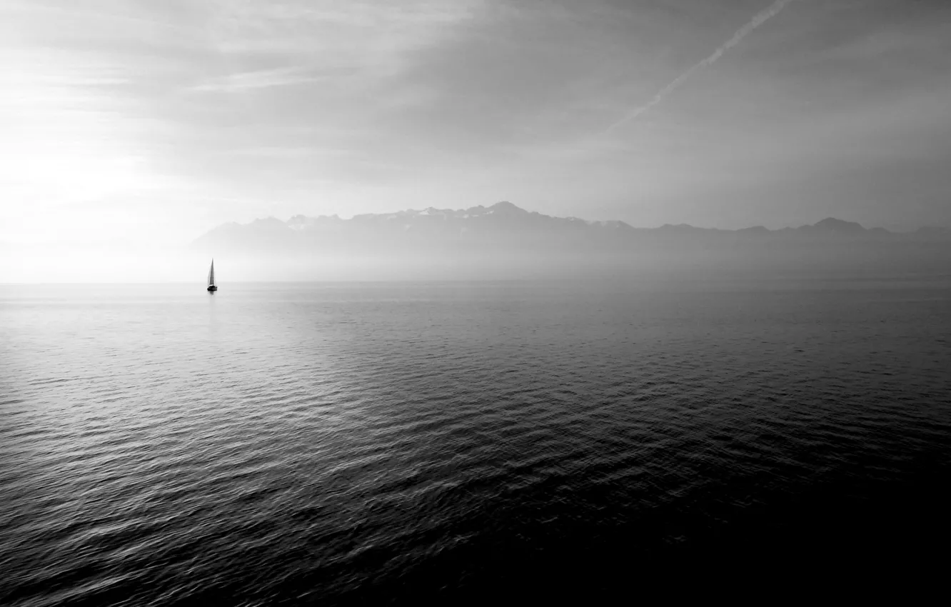 Фото обои sea, ocean, water, black and white, boat, b/w, sail