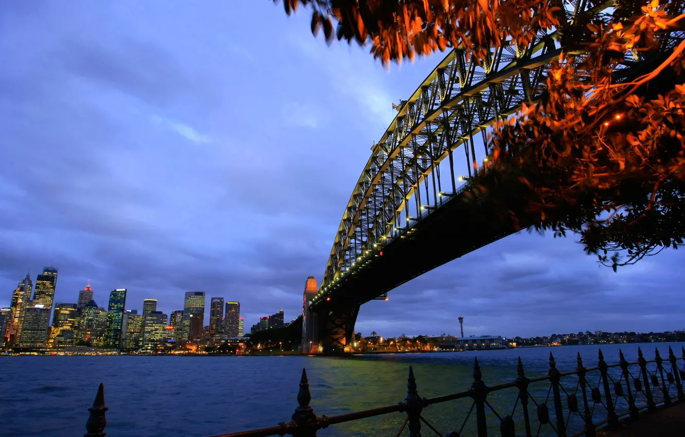 Фото обои мост, огни, дома, вечер, Австралия, залив, Сидней