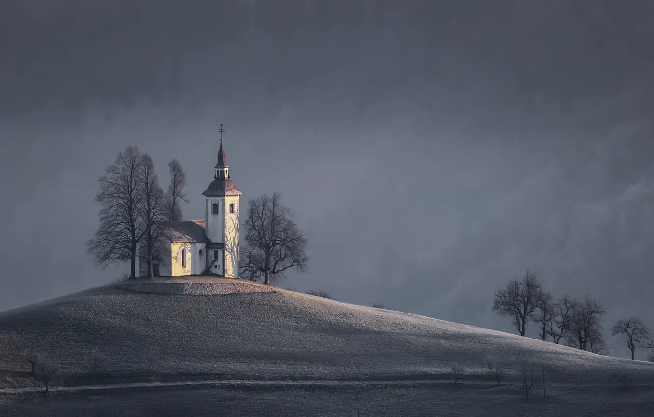 Фото обои Sunrise, Slovenia, St Thomas Church, nr Skofja Loka