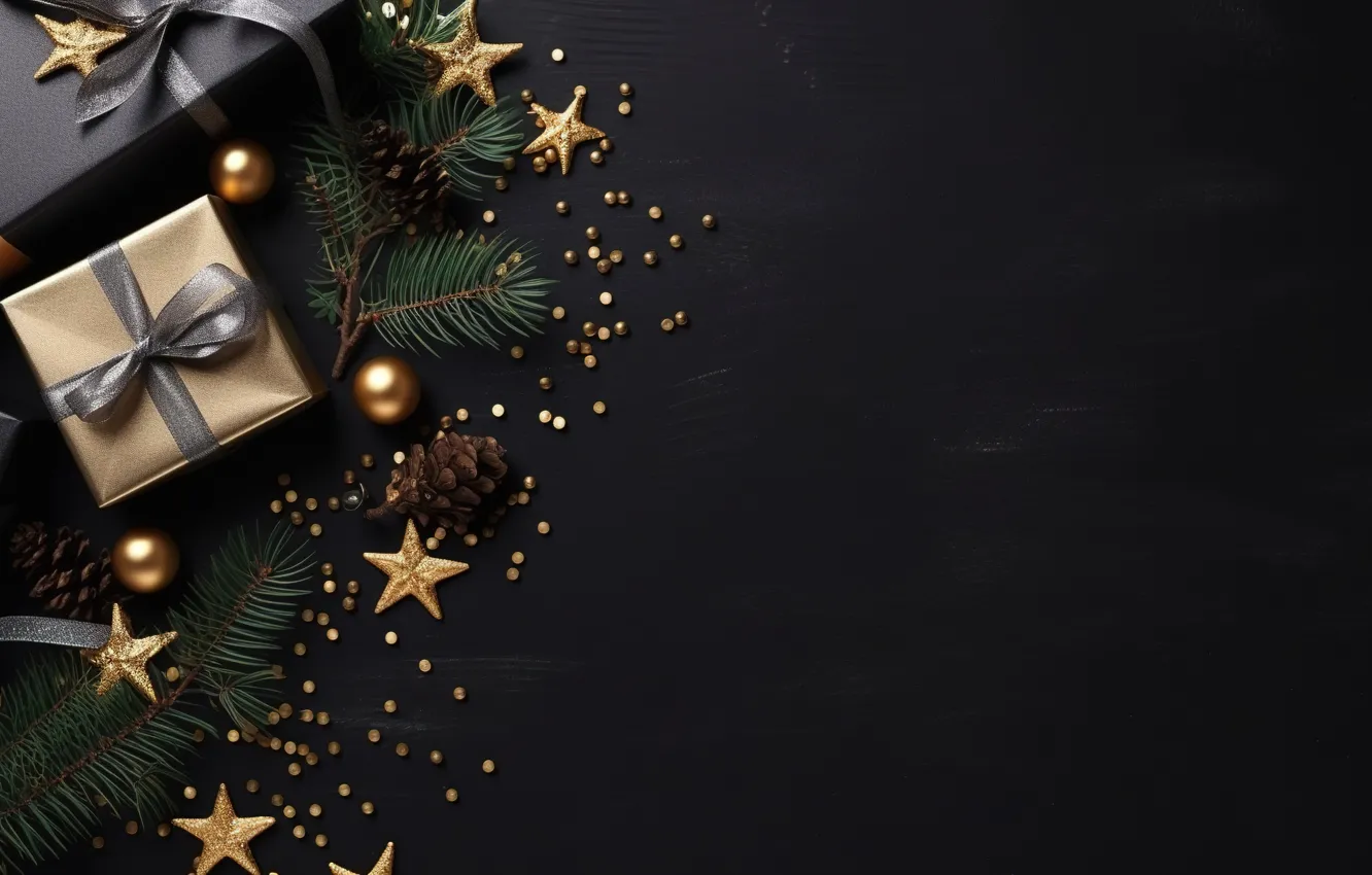 Фото обои украшения, фон, шары, Новый Год, Рождество, подарки, golden, new year