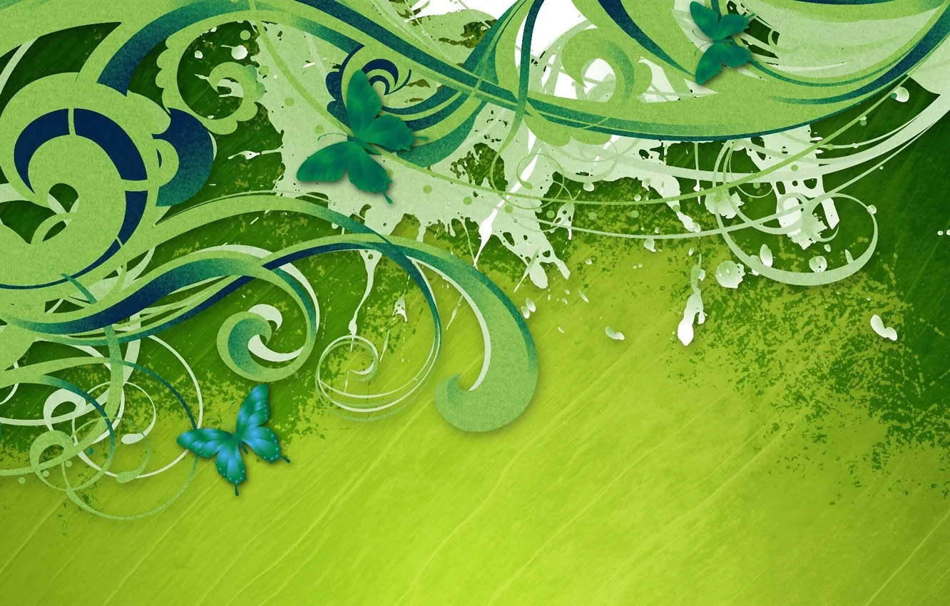 Фото обои бабочки, полосы, завитки, краска, зеленый фон
