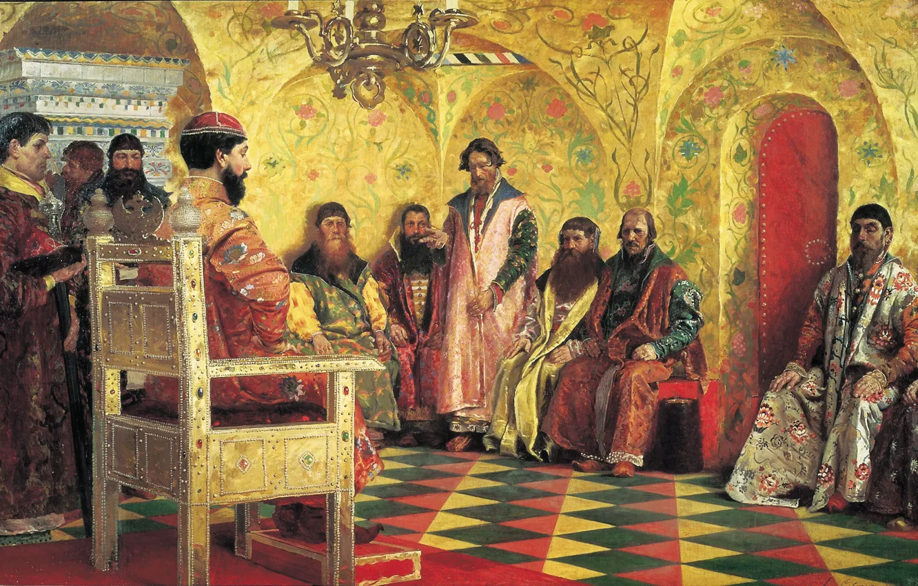 Фото обои Андрей РЯБУШКИН, Палаты Романовых, Сидение царя Михаила Фёдоровича, с боярами в его государевой комнате.