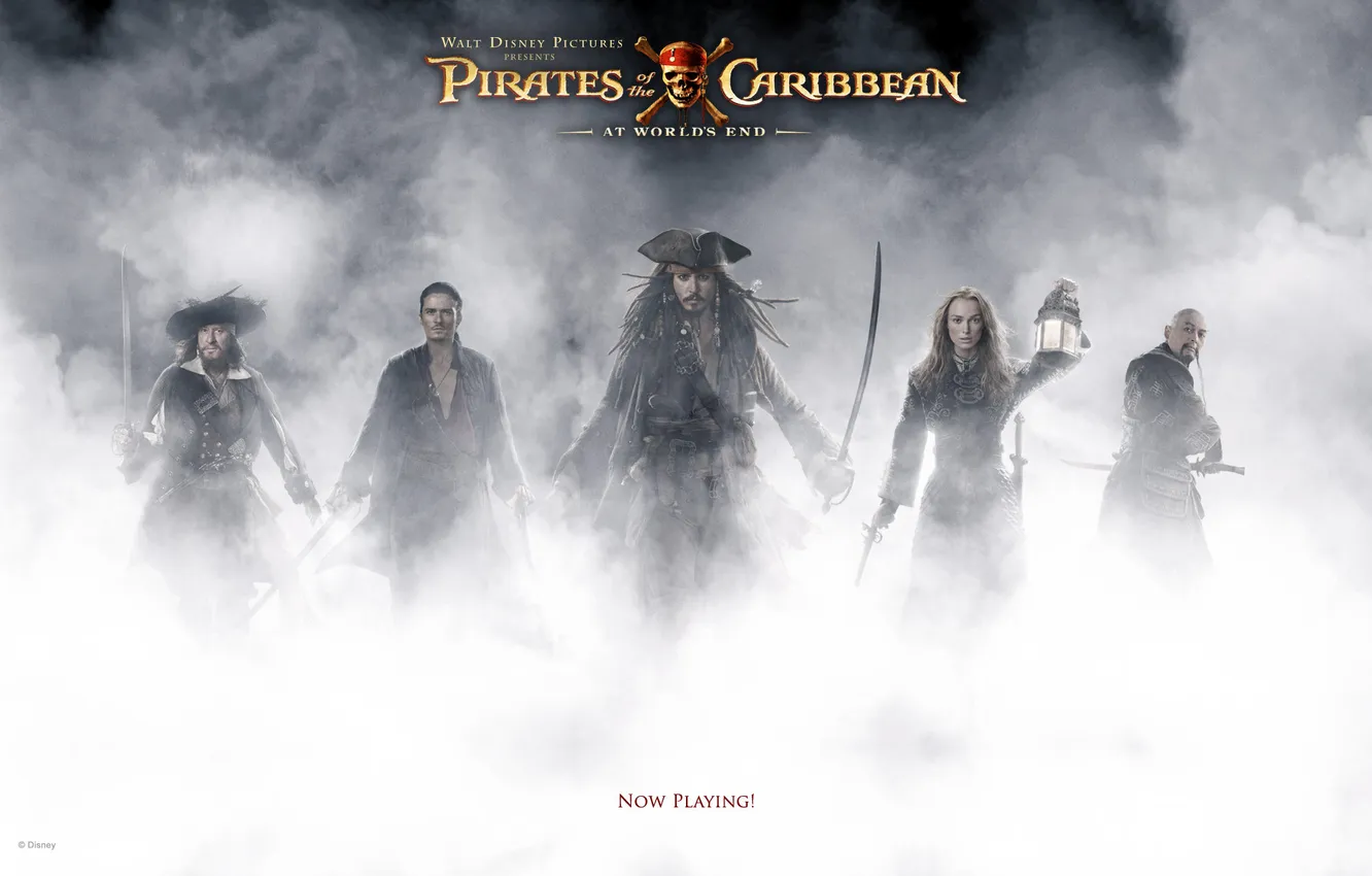 Фото обои туман, Пираты карибского моря, Капитан Джек Воробей, Элизабет, Pirates of the Caribean-At Worlds End, на …