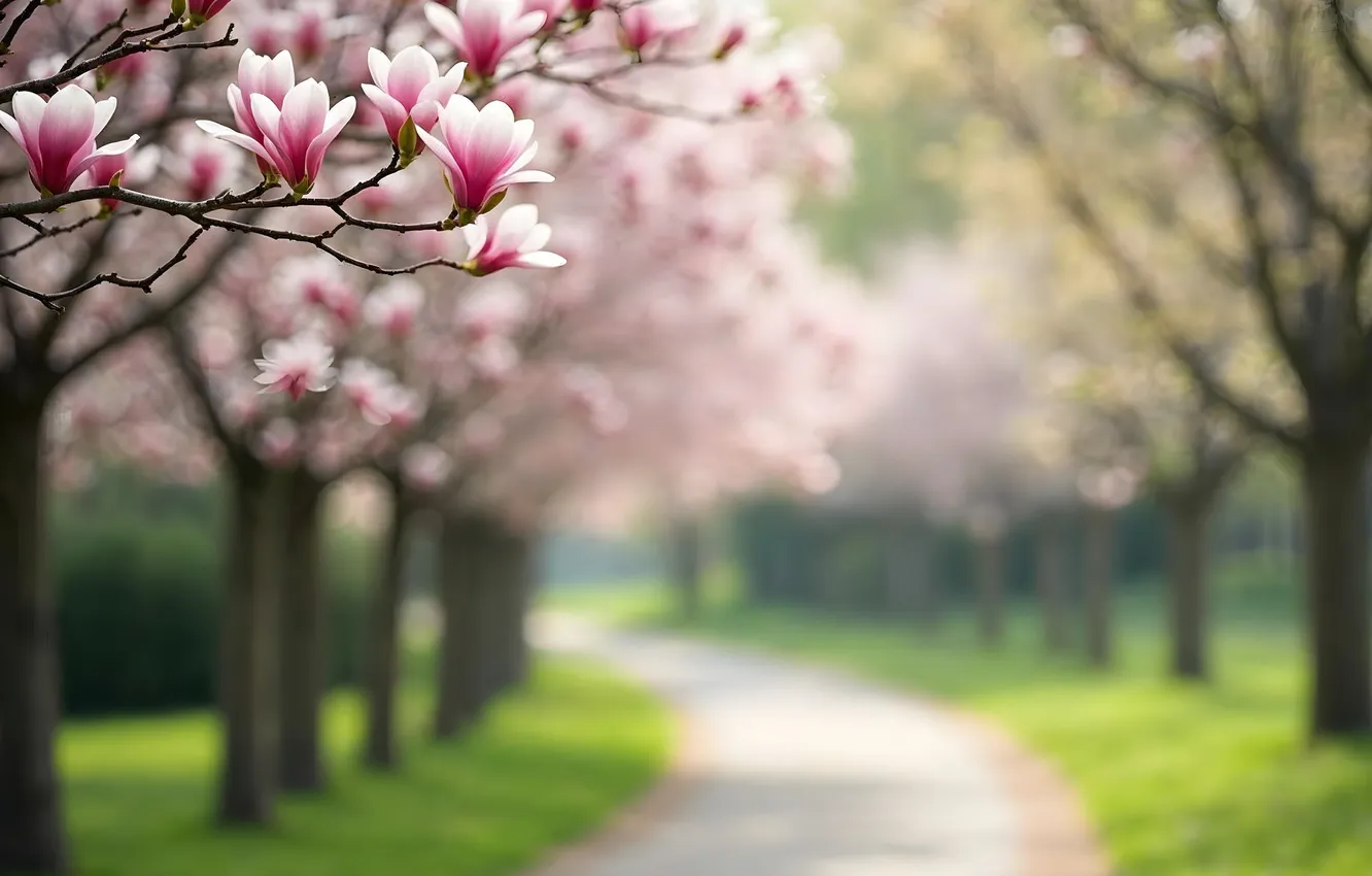 Фото обои деревья, парк, весна, сакура, аллея, цветение, trees, pink