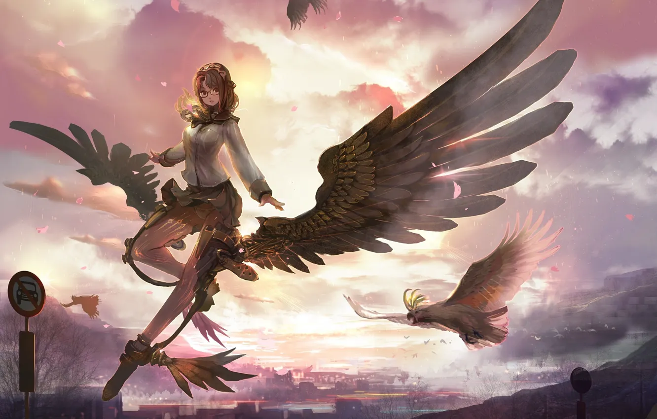 Фото обои девушка, закат, птица, ангел, аниме, арт