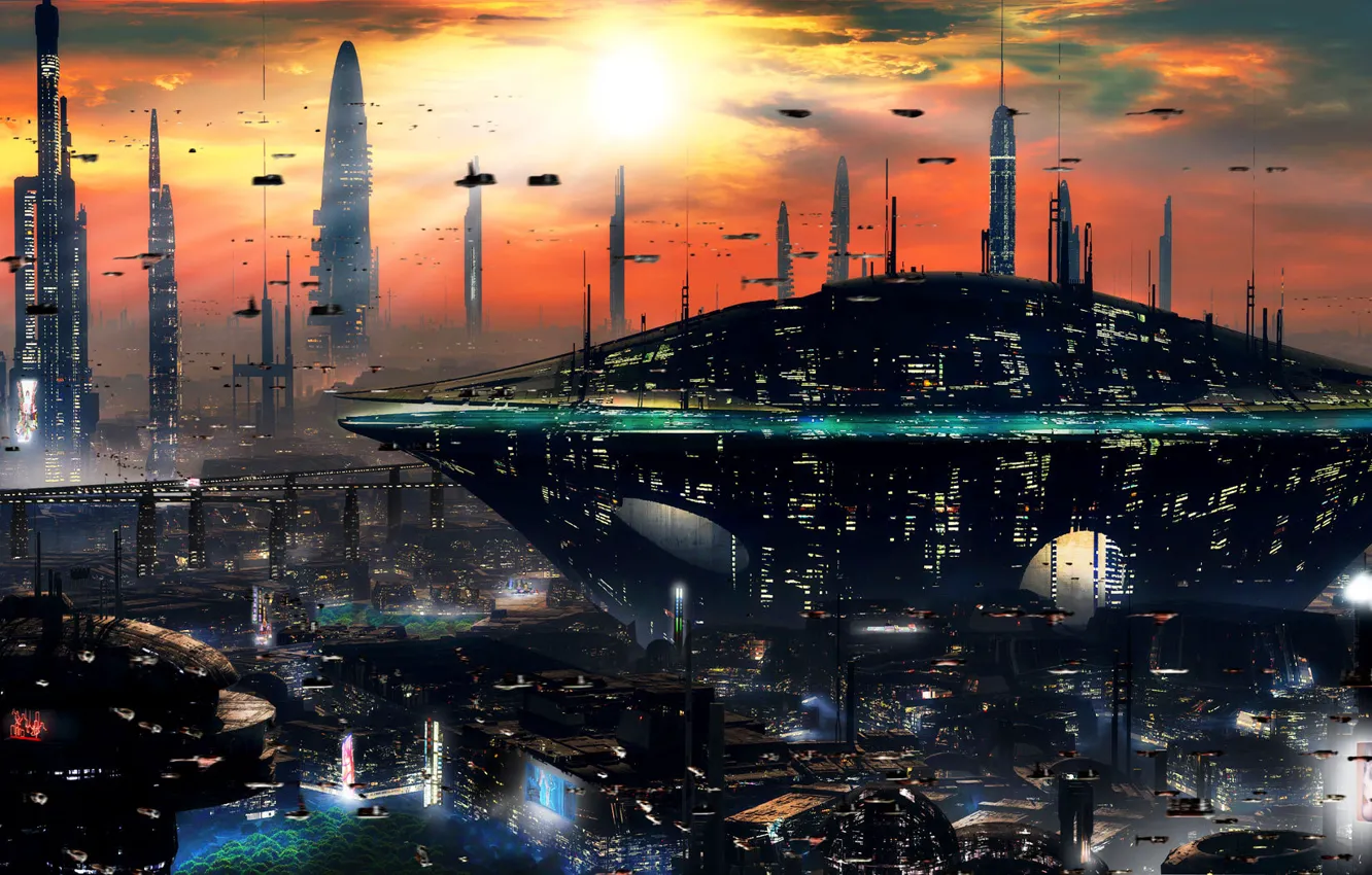 Фото обои закат, город, будущее, небоскребы, sci-fi