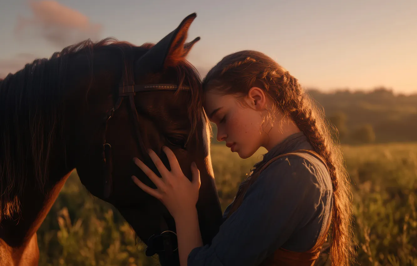 Фото обои поле, девушка, свет, поза, друг, конь, лошадь, руки