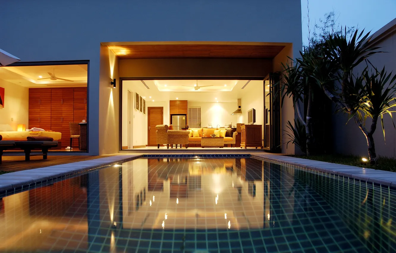 Фото обои вилла, интерьер, бассейн, Таиланд, Phuket, курорт, спальня, гостиная