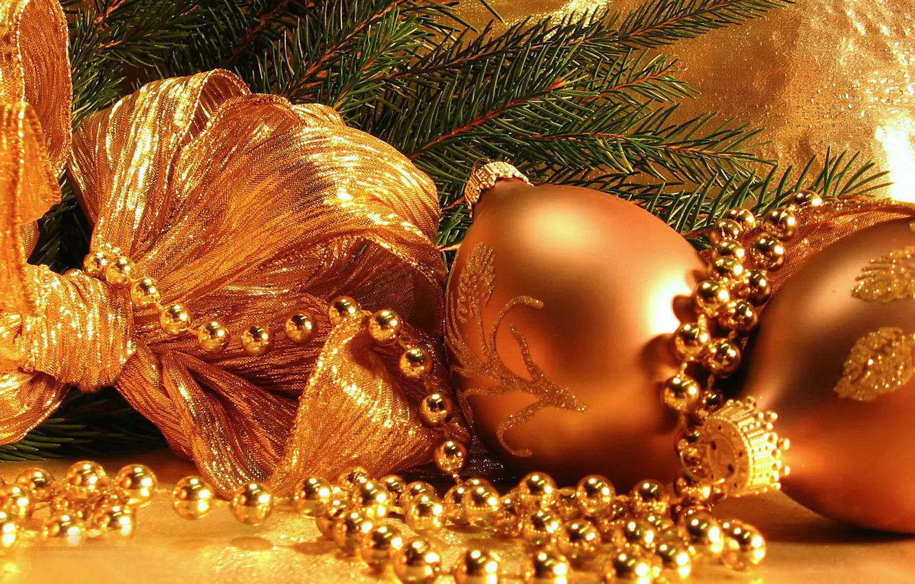 Фото обои украшения, золото, игрушки, новый год, ель, бусы
