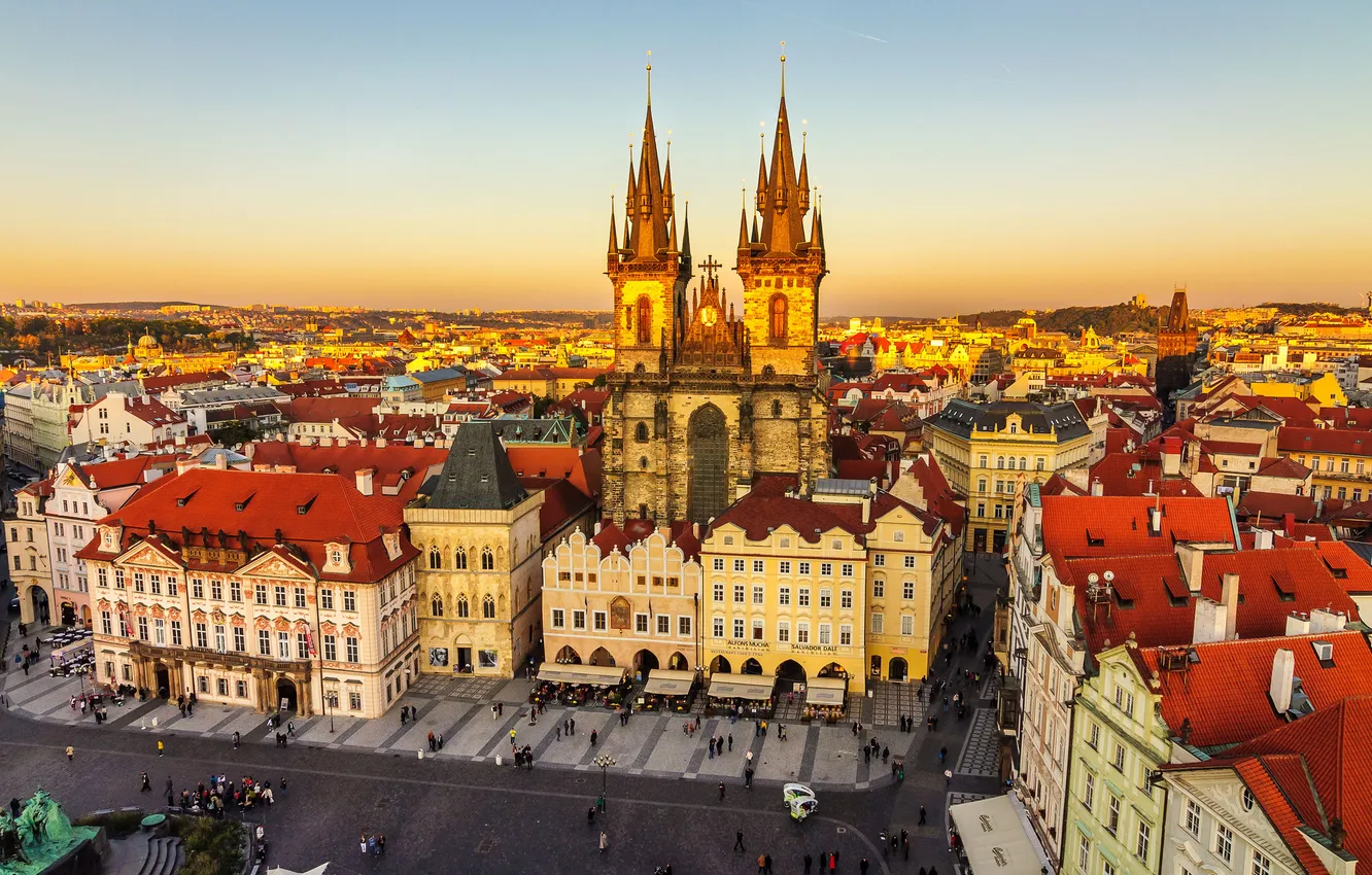Фото обои закат, дома, Прага, Чехия, площадь, панорама