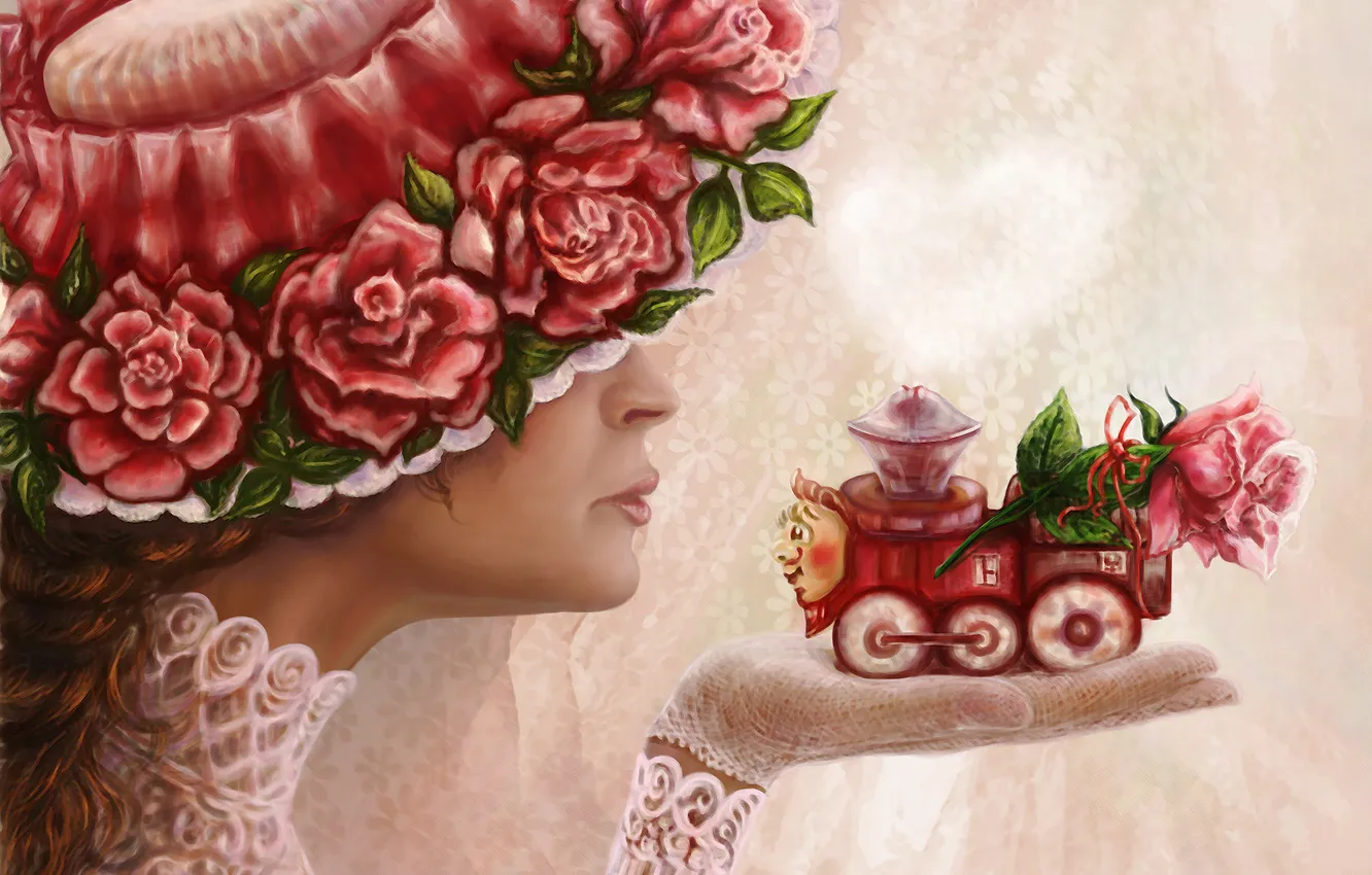 Фото обои девушка, цветы, розы, шляпа, арт, профиль, паровозик, живопись