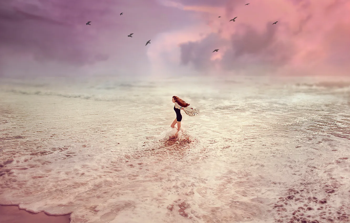 Фото обои Закат, Море, Девушка, Волны, Птицы