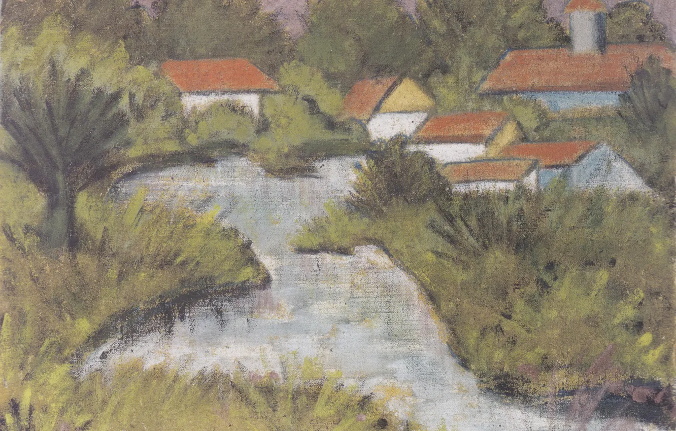 Фото обои река, дома, кусты, Экспрессионизм, Otto Mueller, ca1929, Rote Dacher -