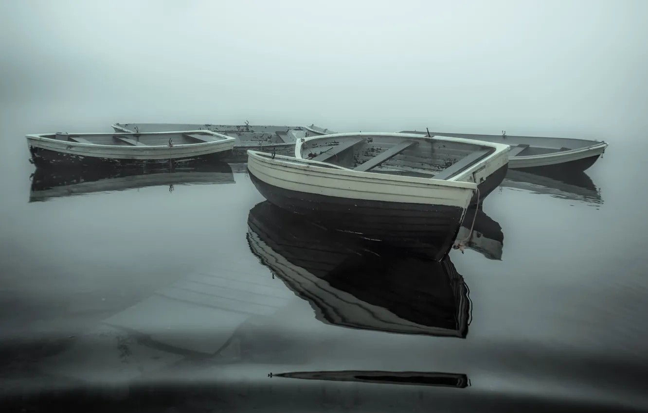 Фото обои туман, озеро, лодка
