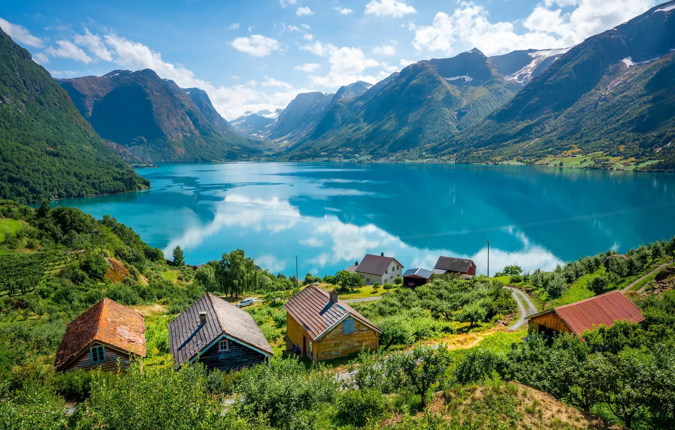 Фото обои озеро, Норвегия, домики, Sogn og Fjordane