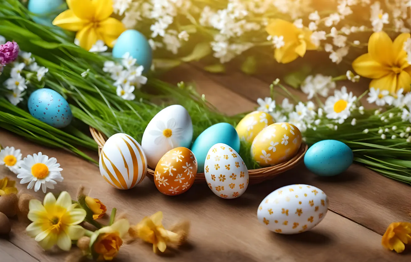 Фото обои цветы, яйца, весна, colorful, Пасха, happy, flowers, spring