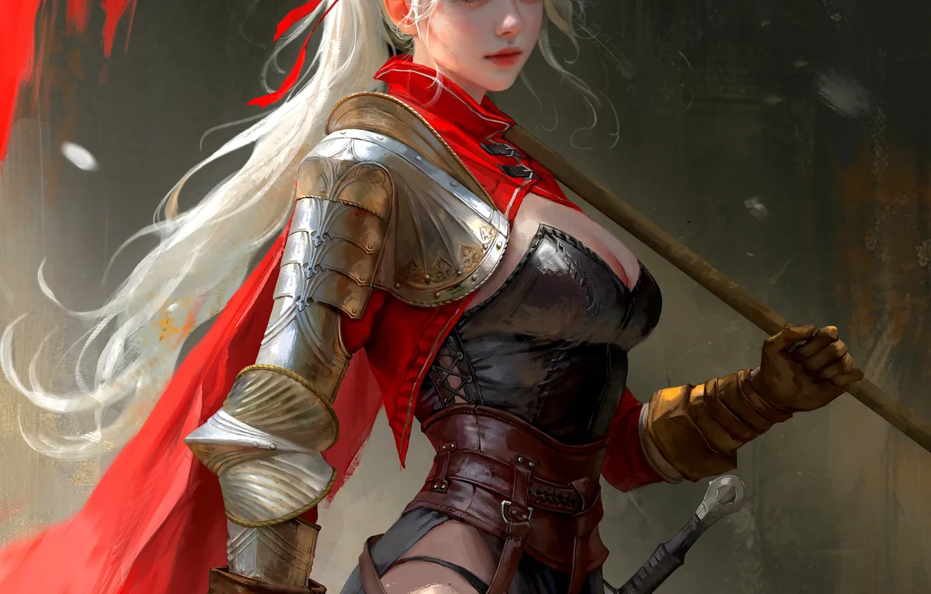 Фото обои girl, sword, fantasy, cleavage, armor, green eyes, ponytail, weapons