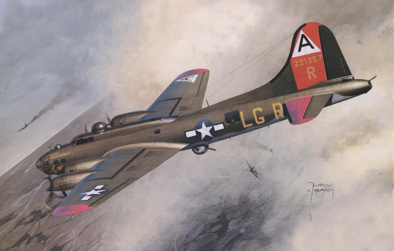 Фото обои небо, рисунок, арт, бомбардировщик, американский, самолёты, тяжелый, воздушный бой