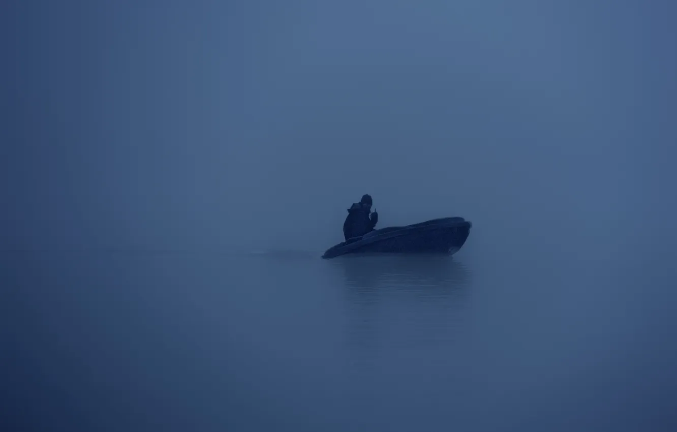Фото обои winter, lake, fog, man, motorboat