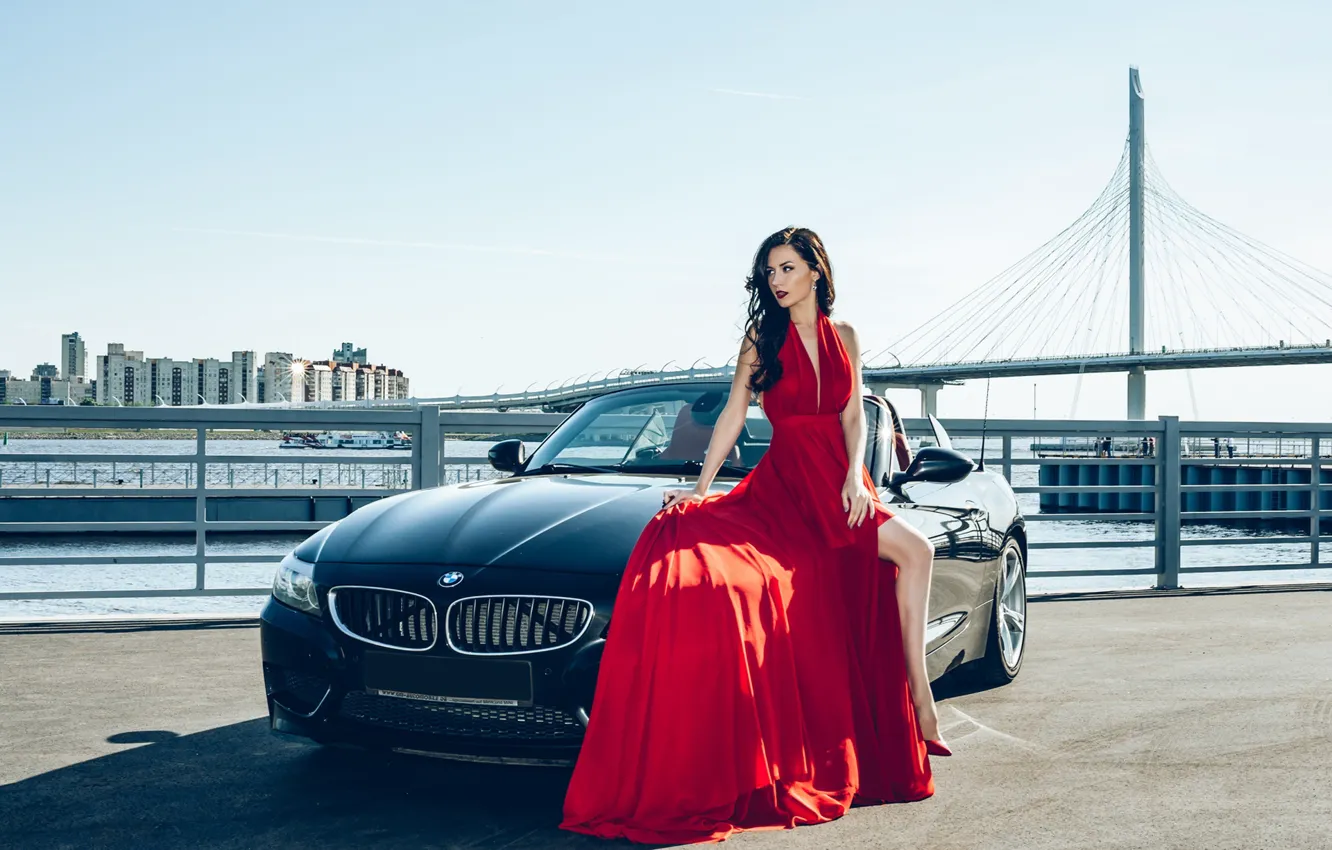 Фото обои машина, авто, девушка, мост, поза, стиль, река, BMW