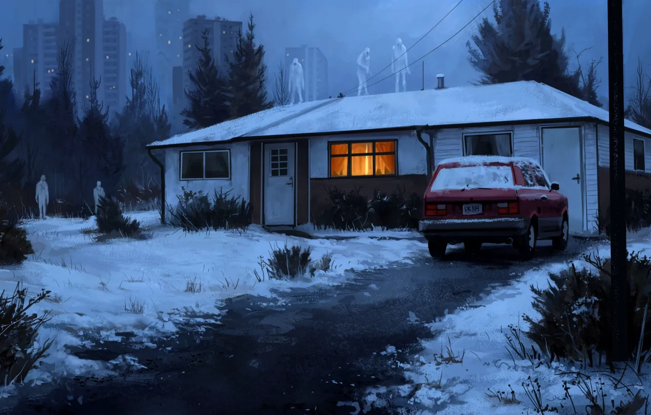 Фото обои зима, снег, дом, существа