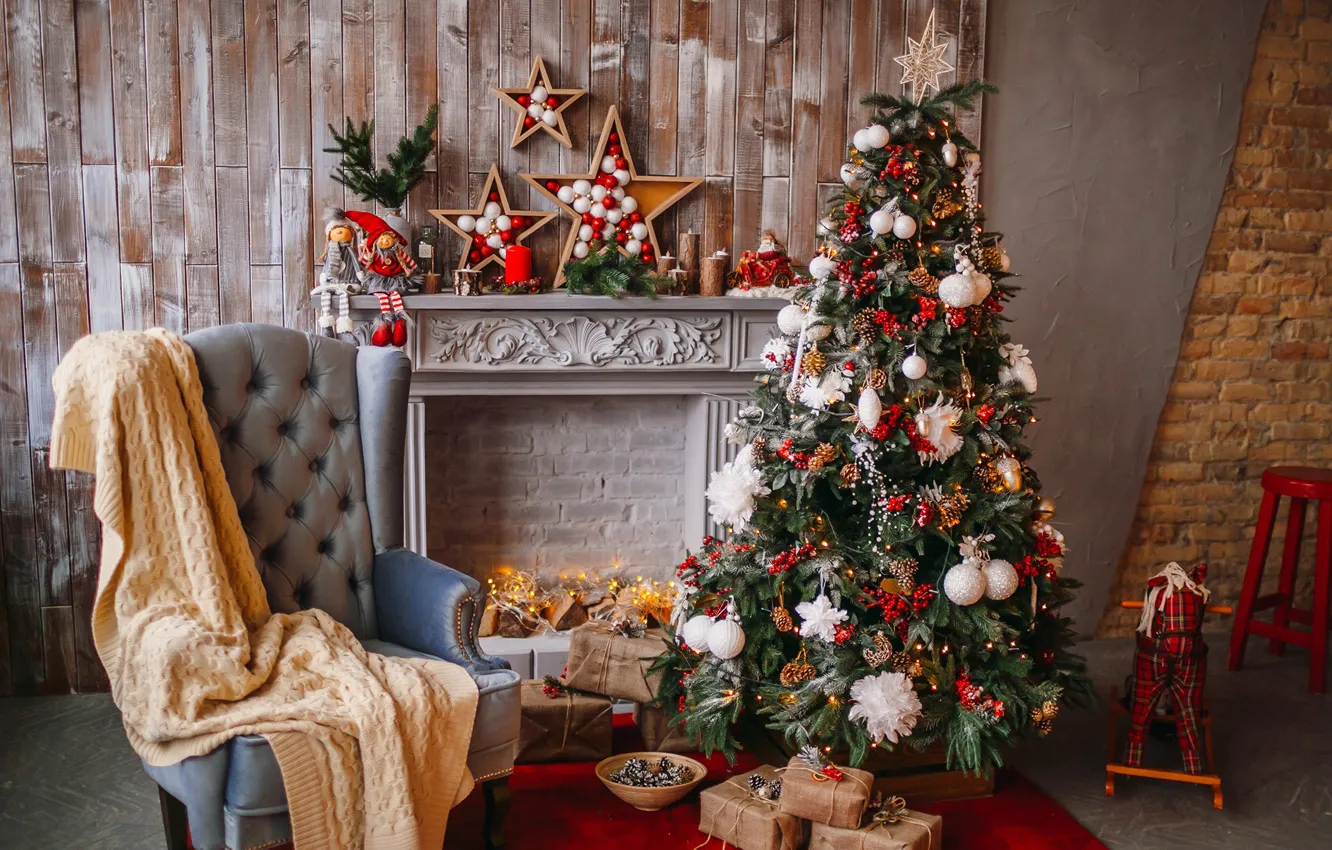 Фото обои дизайн, шары, елка, Новый год, камин, украшение, Christmas, New Year