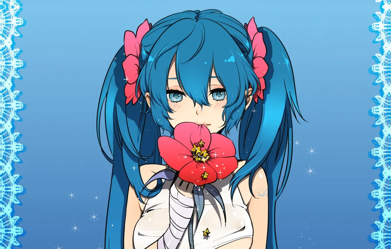 Фото обои узор, vocaloid, Hatsune Miku, звездочки, вокалоид, синие волосы, голубой фон, красный цветок