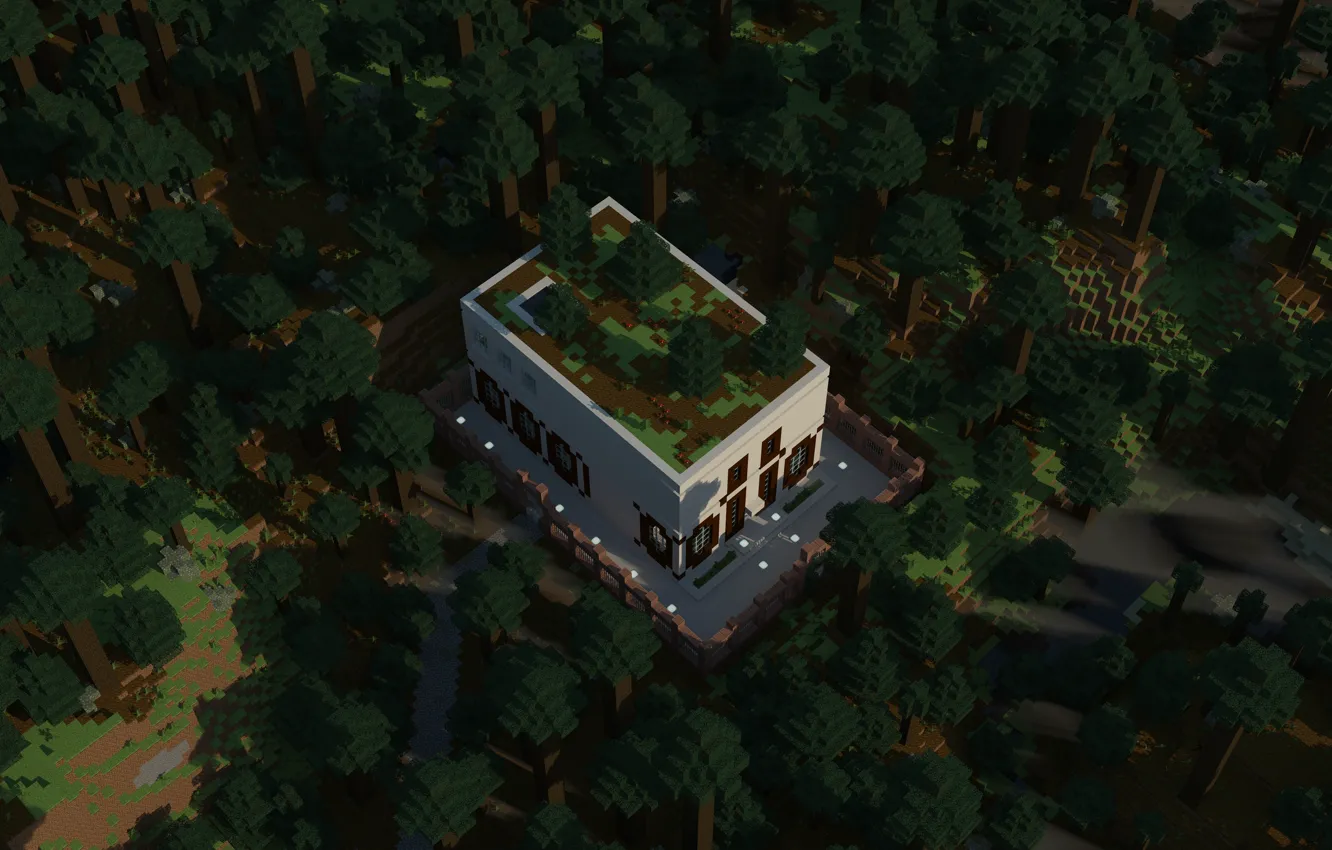 Фото обои forest, Minecraft, taiga, golden autumn, cube house