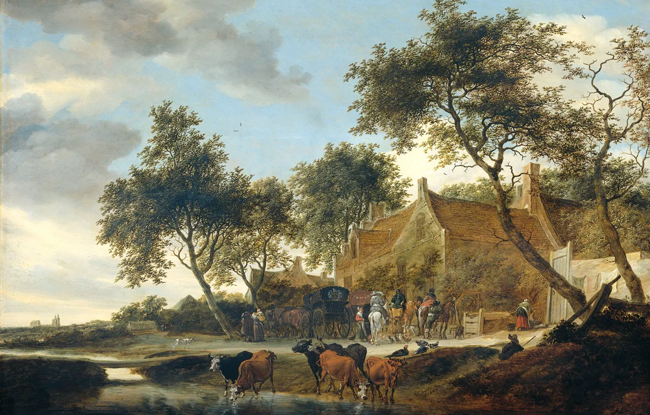 Фото обои животные, пейзаж, дом, дерево, масло, картина, Постоялый Двор, Саломон ван Рёйсдал