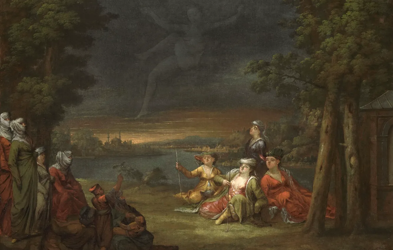 Фото обои масло, картина, холст, 1737, Жан Батист Ван Мур, Jean Baptiste Vanmour, Турчанки в окрестностях Константинополя …