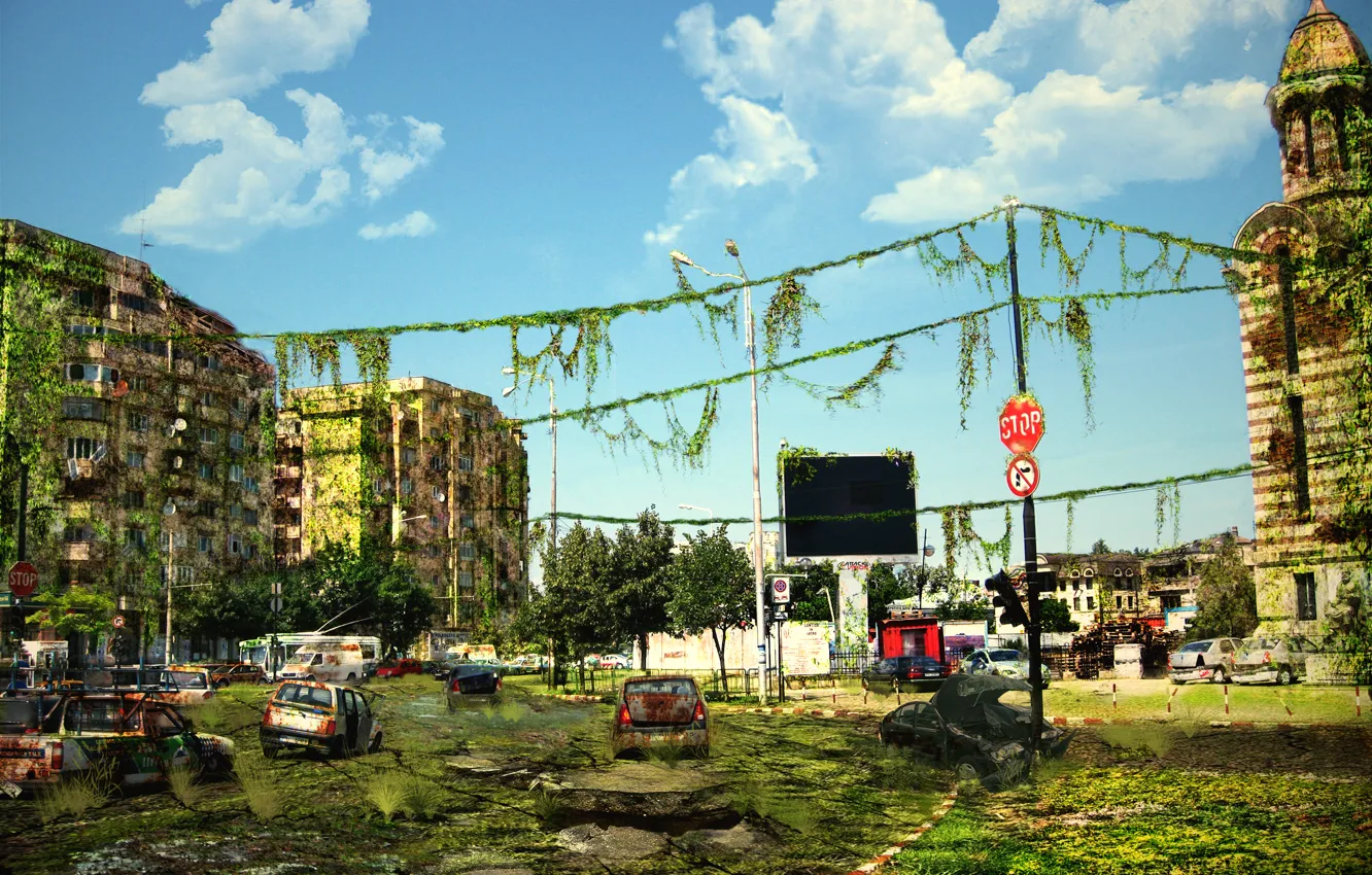 Фото обои машины, город, развалины, постапокалипсис, art
