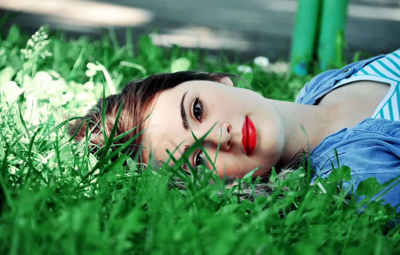 Фото обои взгляд, девушка, зеленая трава, волосы, макияж, красные губы