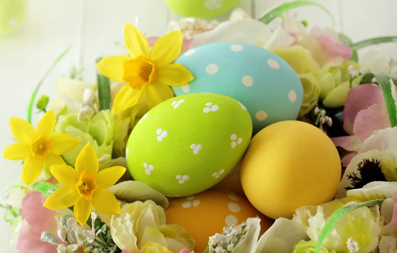 Фото обои цветы, Пасха, яйца крашенные, wood, spring, Easter, eggs, decoration