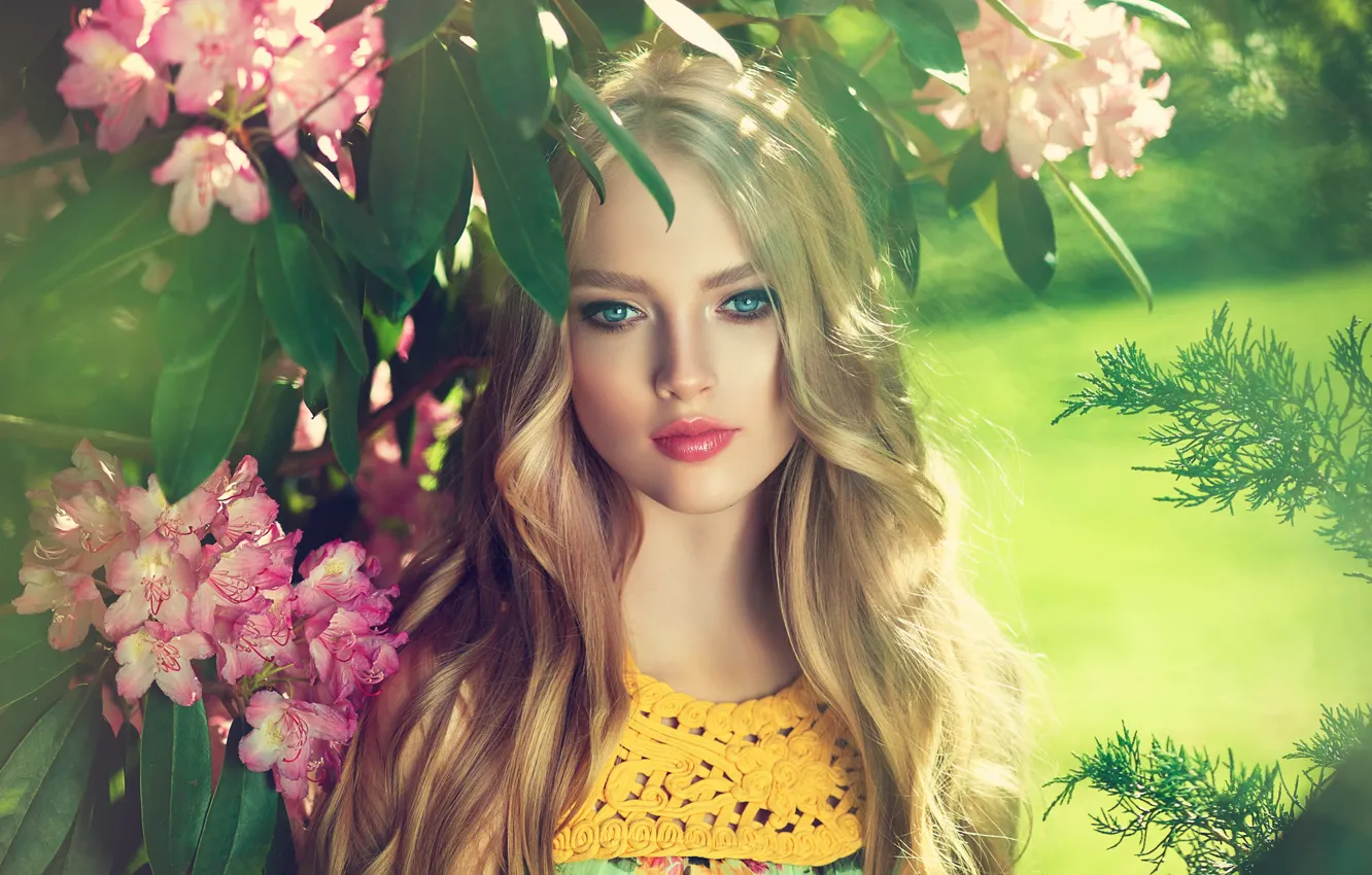 Фото обои лето, взгляд, девушка, цветы, макияж, Girl, блондинка, flowers