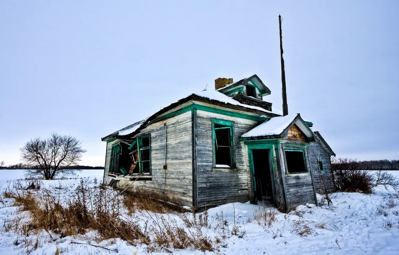 Фото обои зима, снег, дом, разруха