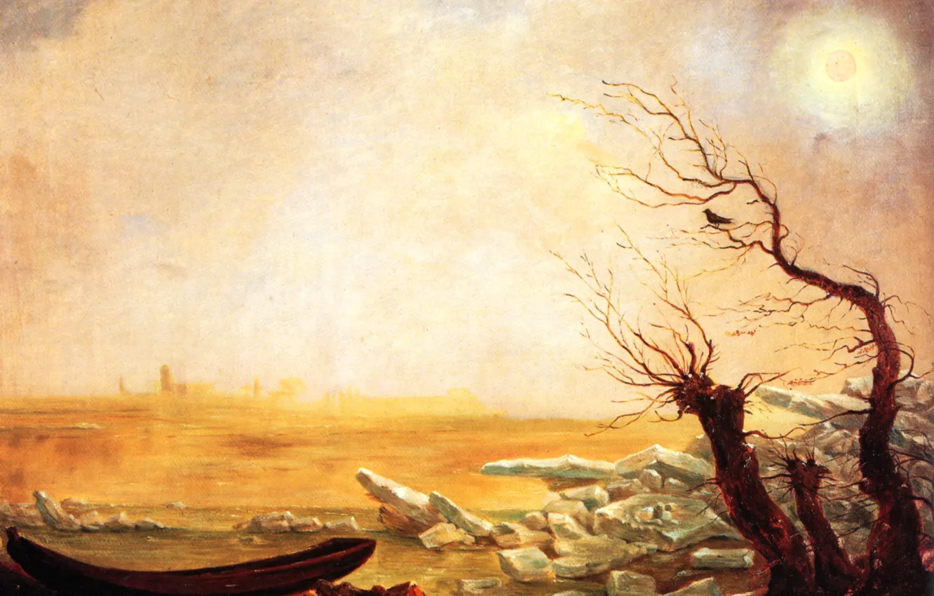 Фото обои солнце, Карл Густав Карус, Романтизм, Немецкая школа живописи, Лодка в ледяных плавучих льдинах