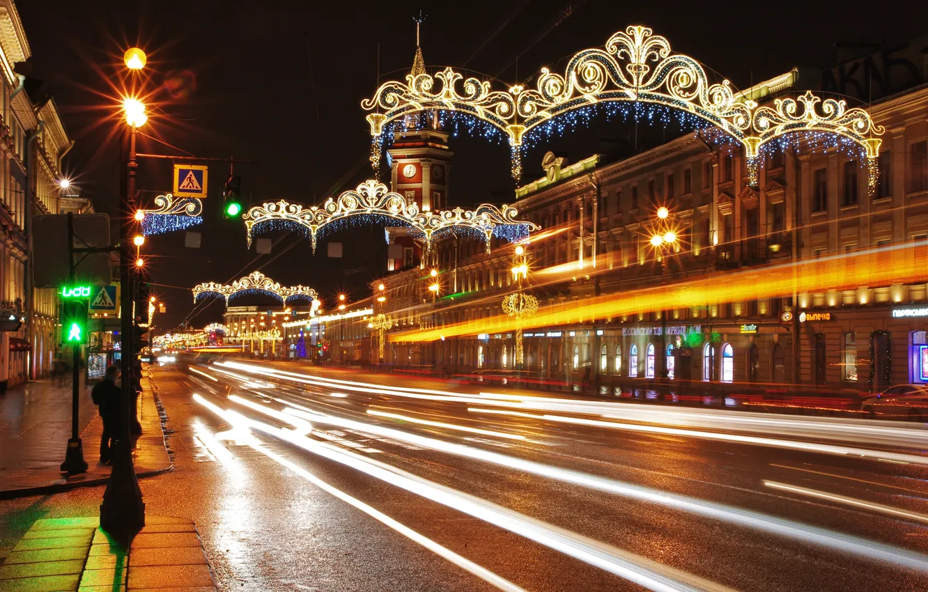 Фото обои дорога, ночь, огни, движение, дома, выдержка, фонари, Санкт-Петербург