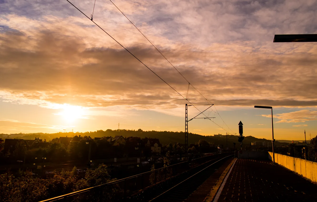 Фото обои Clouds, Sky, Station, Sun, Sunrise, Dawn, View, Stuttgart