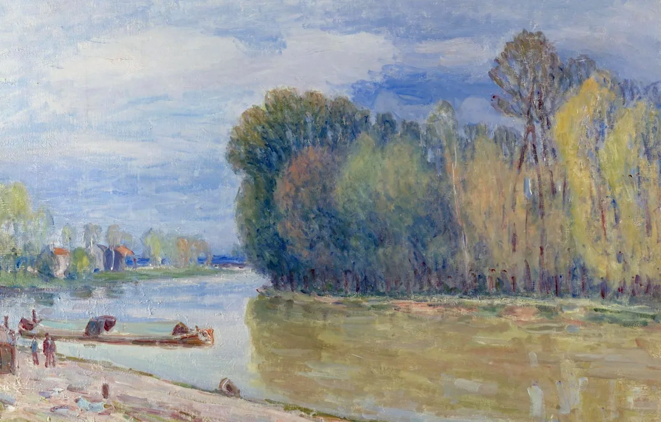 Фото обои пейзаж, картина, Alfred Sisley, Альфред Сислей, Канал Луэна Весной. Утро