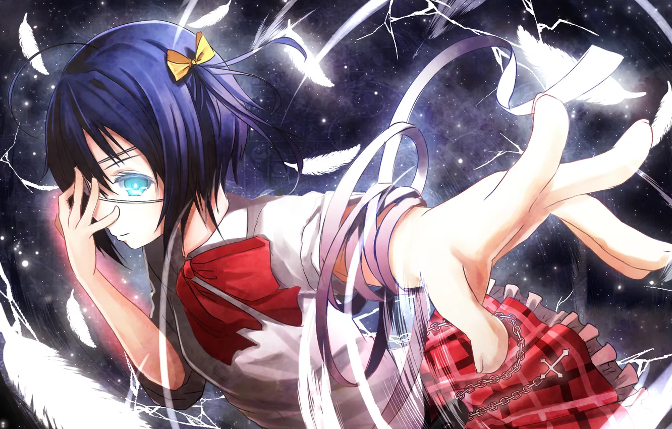 Фото обои взгляд, девушка, перья, повязка, бант, anime, крестик, art