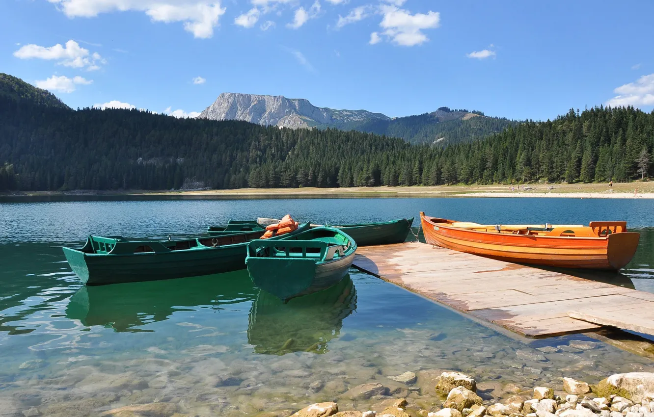 Фото обои берег, лодки, красивый, фон., Черногория, черное озеро