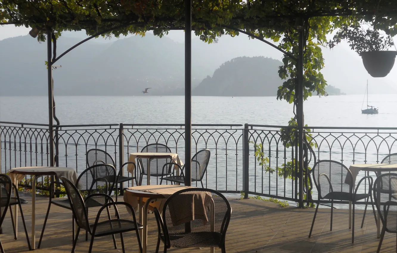 Фото обои city, Italy, terrace, tables, Lake Como