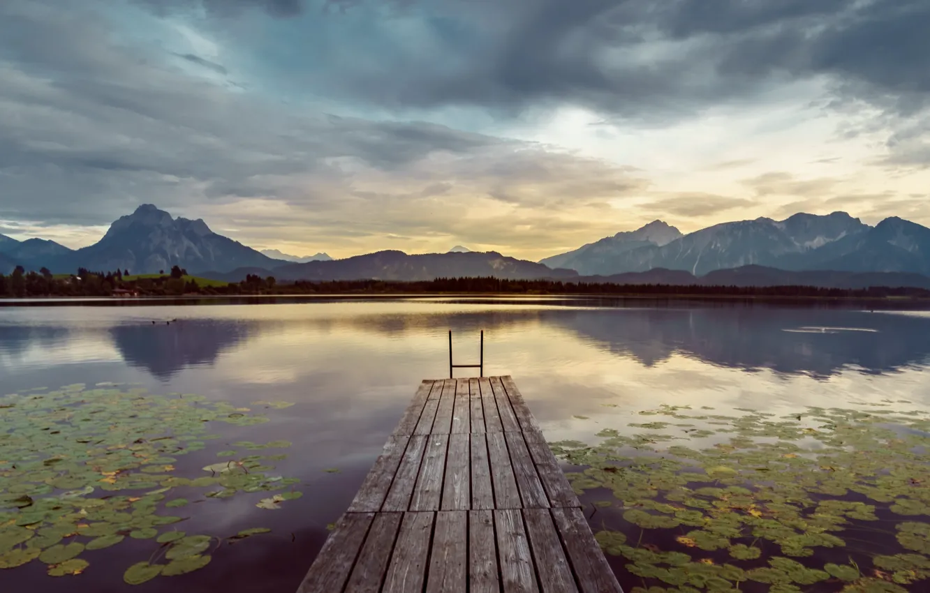 Фото обои горы, озеро, Германия, мостик, Bavaria, Hopfensee