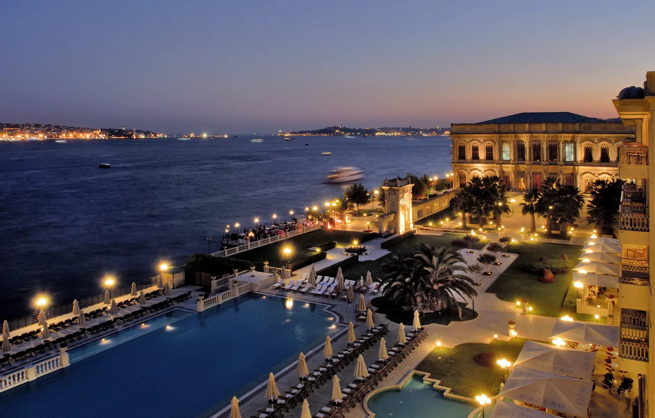 Фото обои море, ночь, бассейн, Стамбул, Турция, Istanbul, Босфор, Kempinski hotel