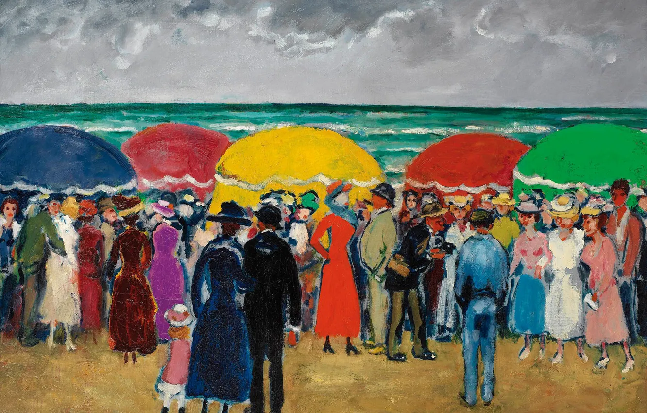 Фото обои море, люди, берег, картина, зонт, жанровая, Kees van Dongen, Sunday on the beach